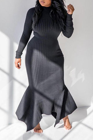 Pretty Solid High Neck Ruffle Knit Maxi Dress
