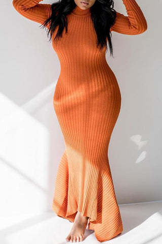 Pretty Solid High Neck Ruffle Knit Maxi Dress