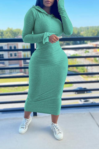 Cotton Blend Solid Hood Long Sleeve Maxi Dress