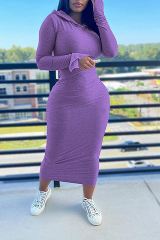 Cotton Blend Solid Hood Long Sleeve Maxi Dress