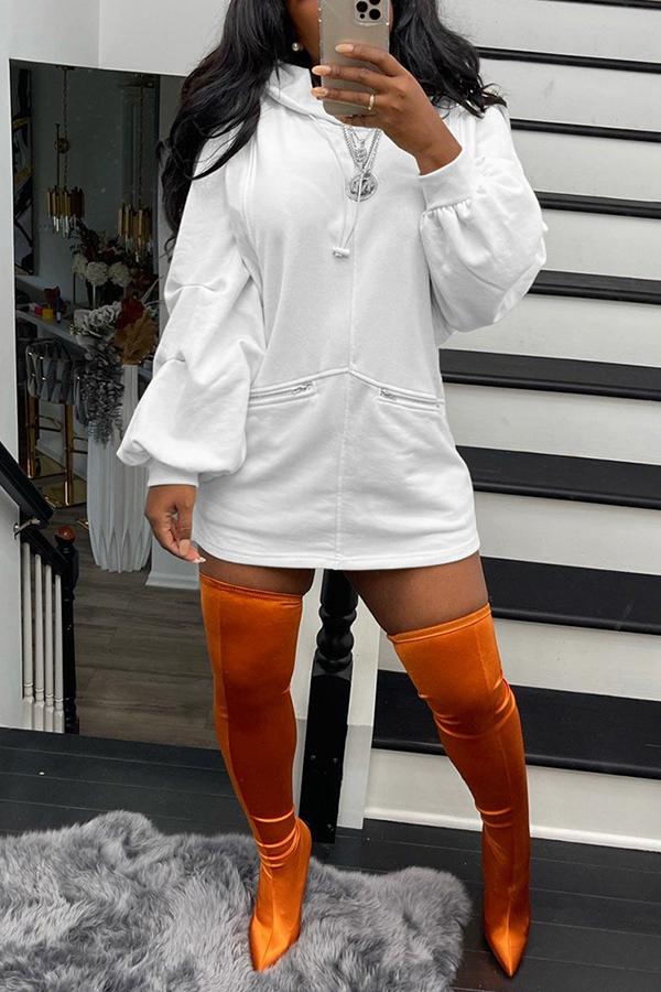Fashion Solid Hooded Zip Pocket Dress