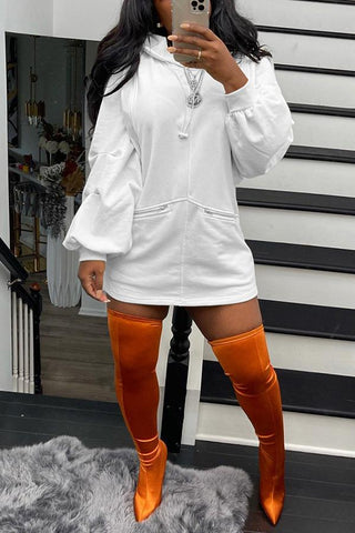 Fashion Solid Hooded Zip Pocket Dress