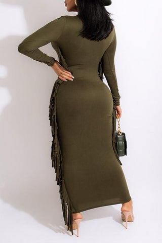 Pretty Solid Tassel Long Sleeve Plus Size Maxi Dress