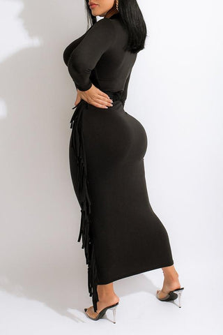 Pretty Solid Tassel Long Sleeve Plus Size Maxi Dress