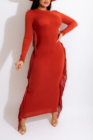 Pretty Solid Tassel Long Sleeve Plus Size Maxi Dress