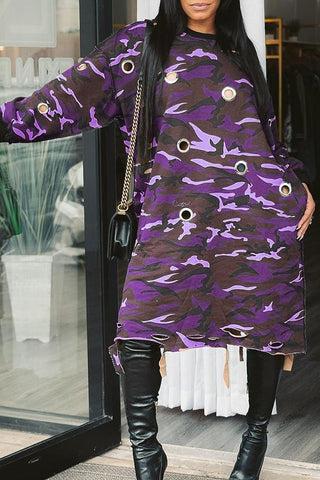 Camo Print Eyelets Side Pocketed Maxi Dress