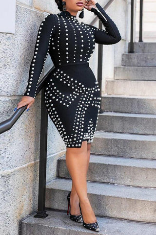 Pearls Beading Long Sleeve Bandage Dress