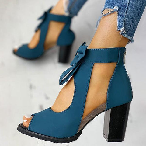 Peep Toe Mesh Insert Bowknot Chunky Heeled Sandals