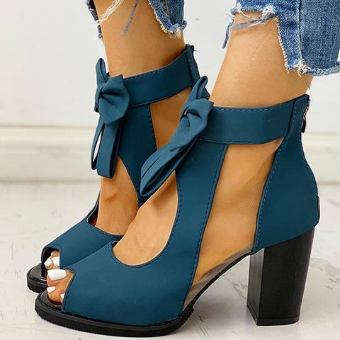 Peep Toe Mesh Insert Bowknot Chunky Heeled Sandals