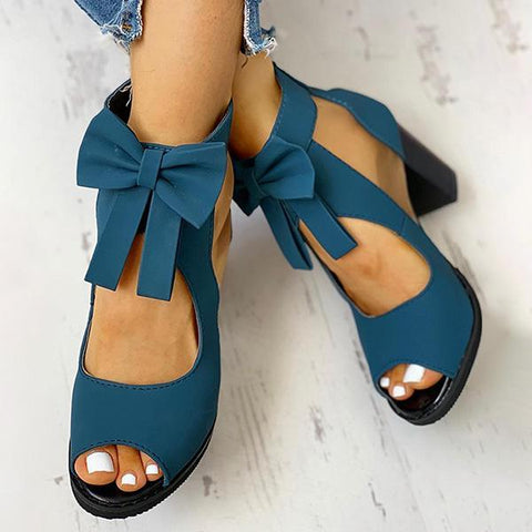Peep Toe Mesh Insert Bowknot Chunky Heeled Sandals