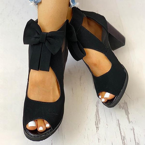 Peep Toe Mesh Insert Bowknot Chunky Heeled Sandals