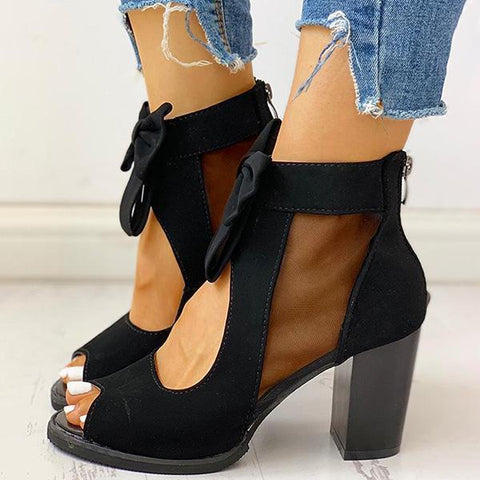 Peep Toe Mesh Insert Bowknot Chunky Heeled Sandals