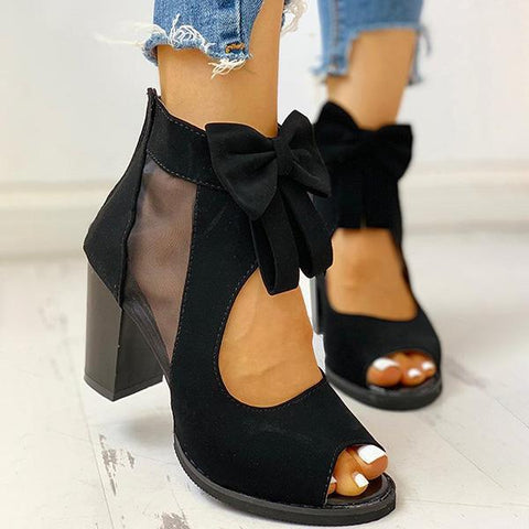 Peep Toe Mesh Insert Bowknot Chunky Heeled Sandals