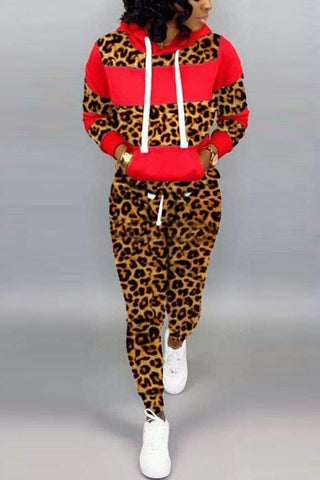 Fashion Hooded Collar Patchwork Leopard Print Two Piece