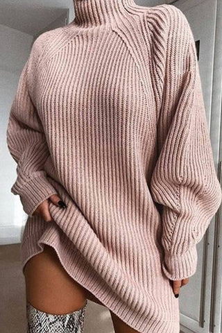 Fashion Casual High-Necked Solid Sweater Dress