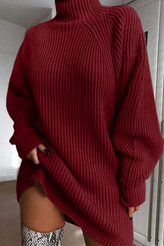 Fashion Casual High-Necked Solid Sweater Dress