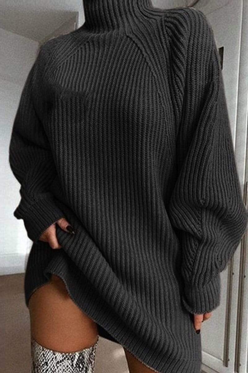 Fashion Casual High-Necked Solid Sweater Dress