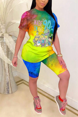 Fashion Cartoon Print Multicolor Two Piece