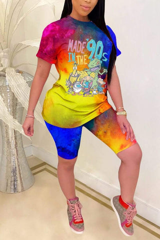 Fashion Cartoon Print Multicolor Two Piece