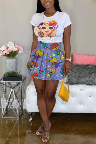 Fashion Cartoon Printed High Waist Skirt