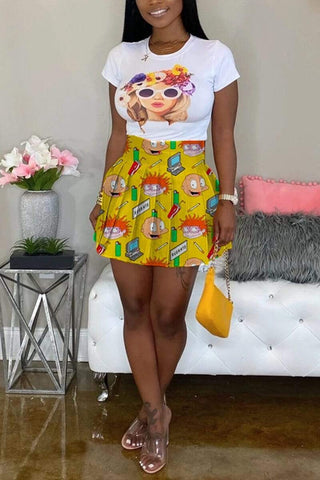 Fashion Cartoon Printed High Waist Skirt