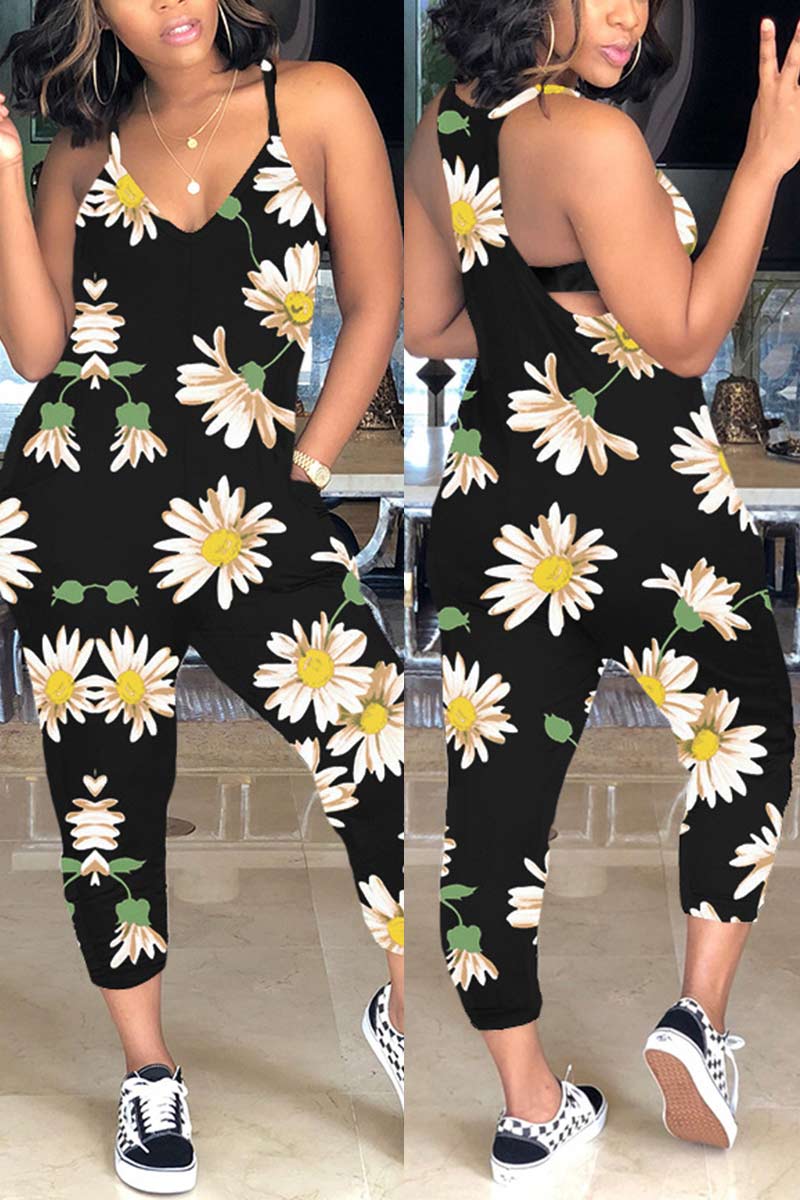 Fashion Daisy Print Sling Jumpsuits