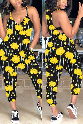Fashion Daisy Print Sling Jumpsuits