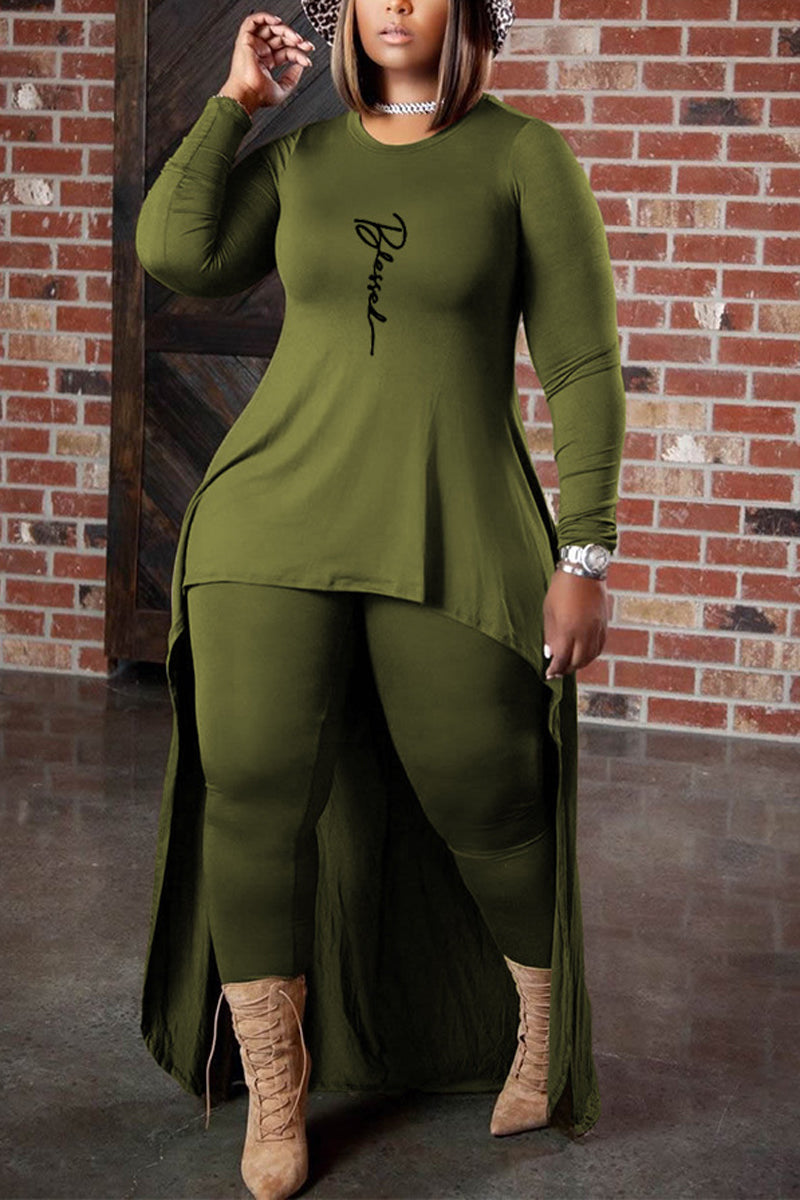 Plus Size Casual Print Split Joint Asymmetrical O Neck Two Pieces