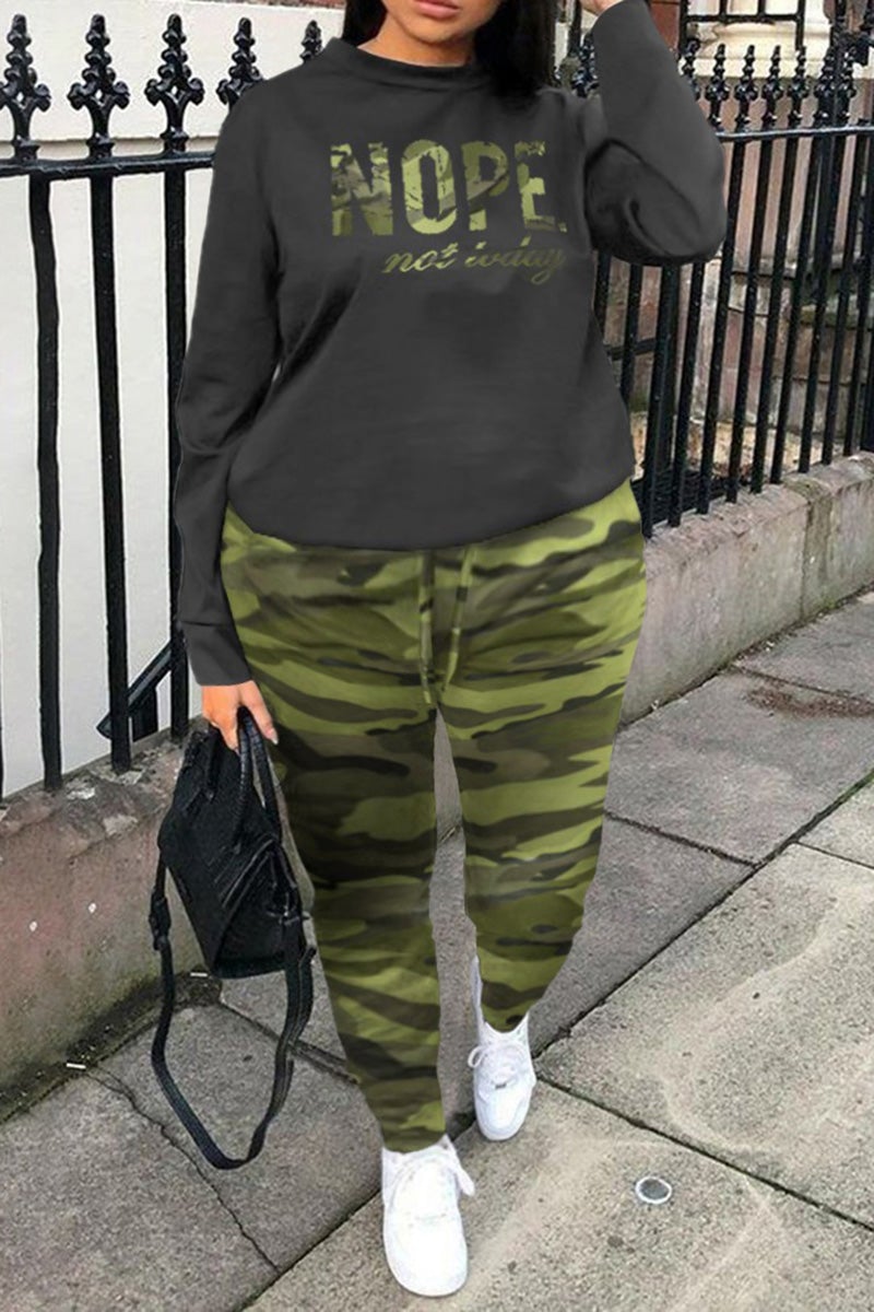 Plus Size Letter Print Top Camouflage Pants Two Pieces Set