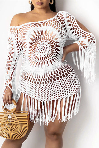 [Pre-Sale] Plus Size Hand Made Little Black Long Sleeve Sexy Crochet Tassel Dress
