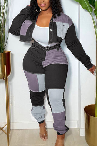 Plus Size Casual Colorblock Turndown Collar Pants Two Pieces Set
