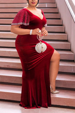 Online-clothing-plus-size-plain-dresses-ruffle-sleeves-hot-drilling-maxi-dress