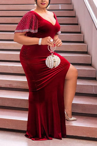 Plus Size Plain Dresses Ruffle Sleeves Hot Drilling Velvet Maxi Dress