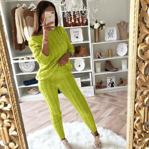 Plus Size Solid Long Sleeve Sweater Pants Two Pieces Set