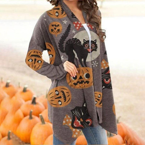 Halloween Cartoon Cat Pumpkin Magic Print Cardigan