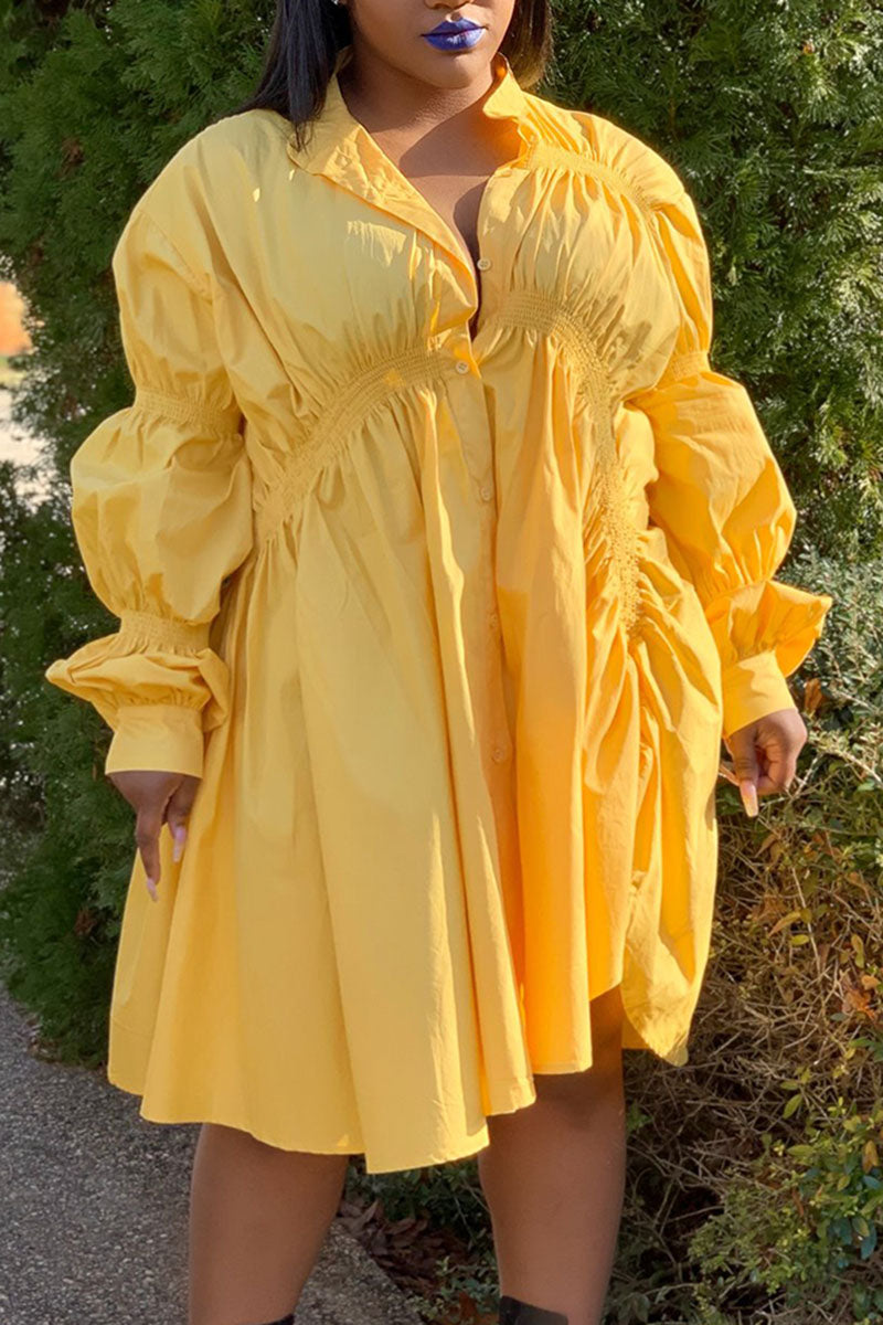 Online-clothing-plus-size-solid-white-button-fold-design-long-sleeve-shirt-mini-dress