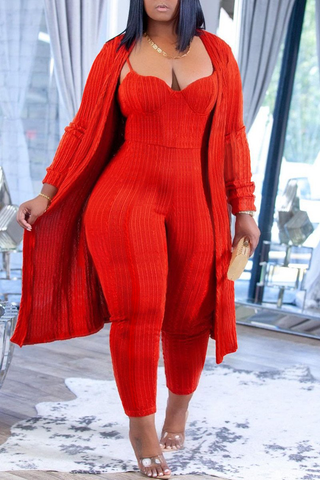 Plus Size Casual Solid Knit Cami Jumpsuit Midi Cardigan Two-piece Set