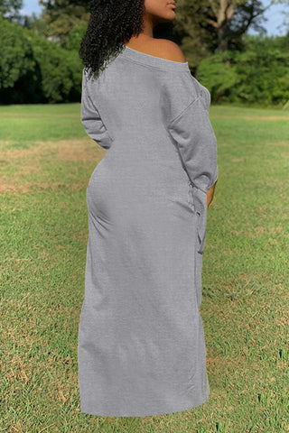 Online-clothing-plus-size-casual-solid-one-shoulder-long-sleeves-knotted-maxi-dress