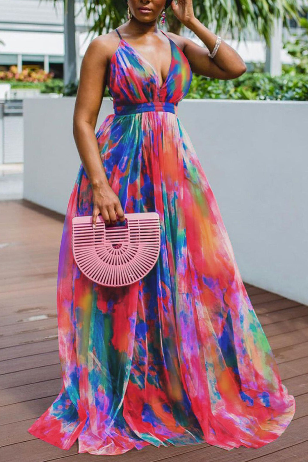 Online-clothing-plus-size-tulle-dresses-sling-v-neck-print-dress
