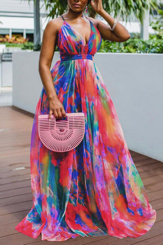 Online-clothing-plus-size-tulle-dresses-sling-v-neck-print-dress
