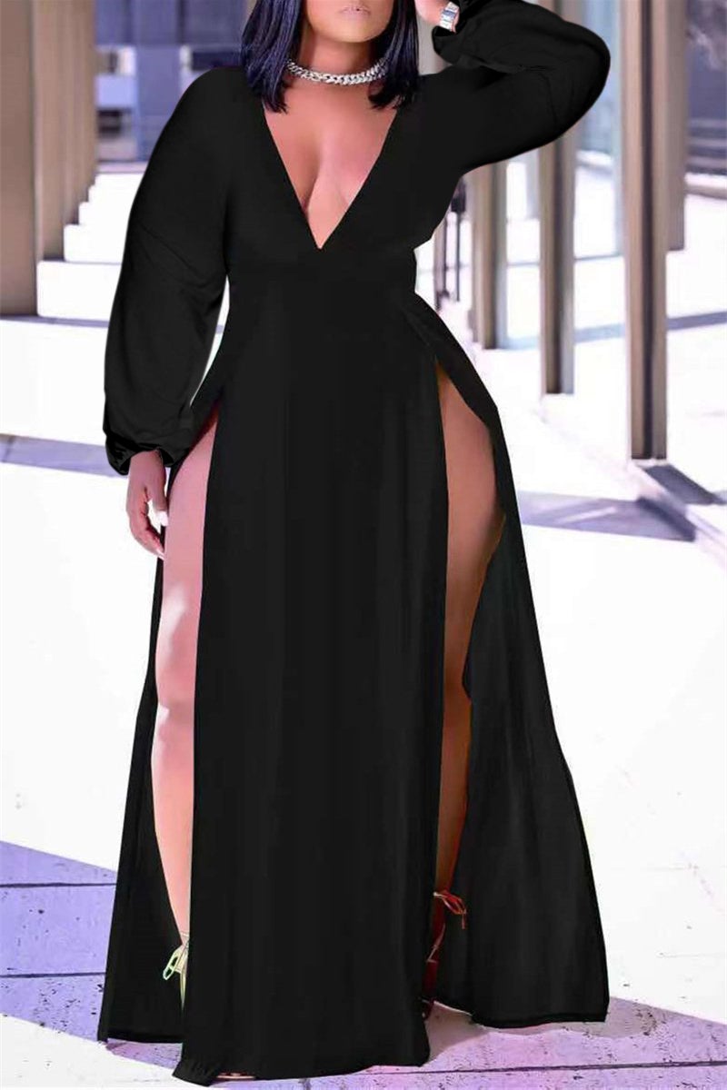 Plus Size Little Black Maxi Dresses Long Sleeve High Opening