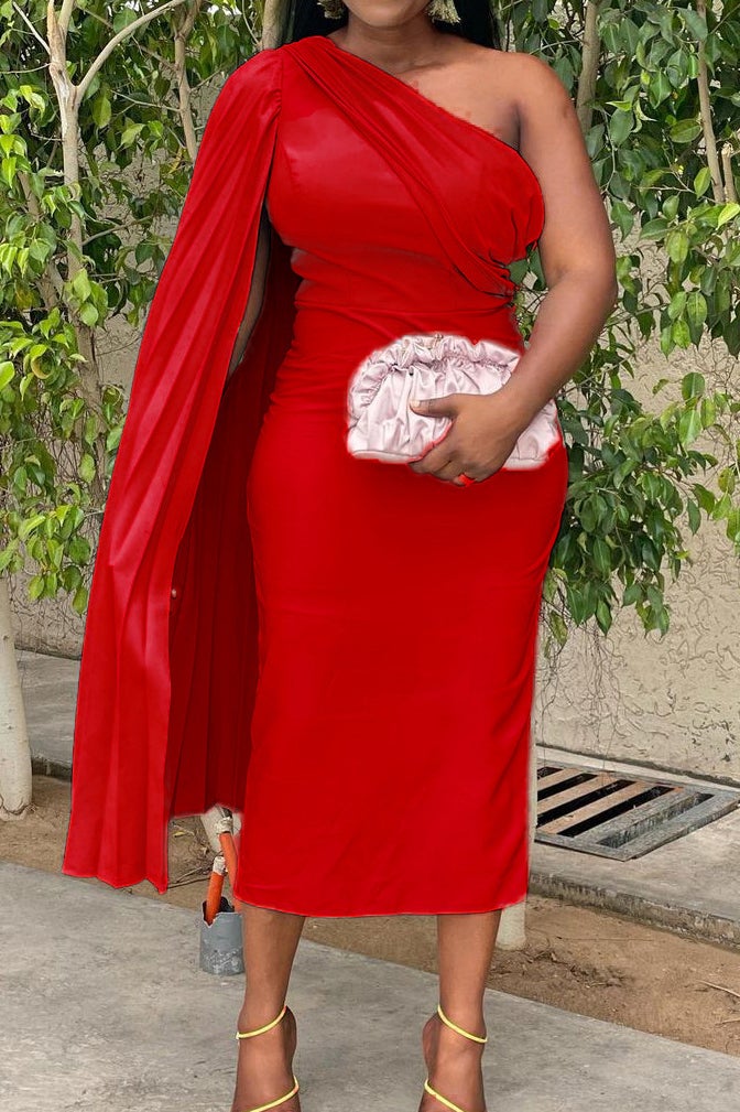 Plus Size Plain Dresses One-shoulder Elegant Dress
