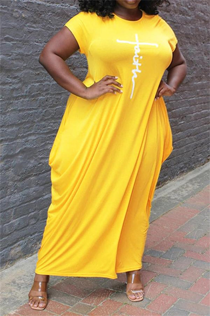 Online-clothing-plus-size-pink-irregular-pattern-print-round-neck-maxi-dress
