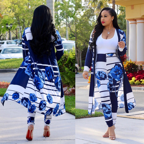 Plus Size All Over Print Midi Cardigan Two Piece Pants Set