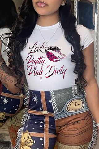 Casual Vintage Print Letter O Neck T-Shirts