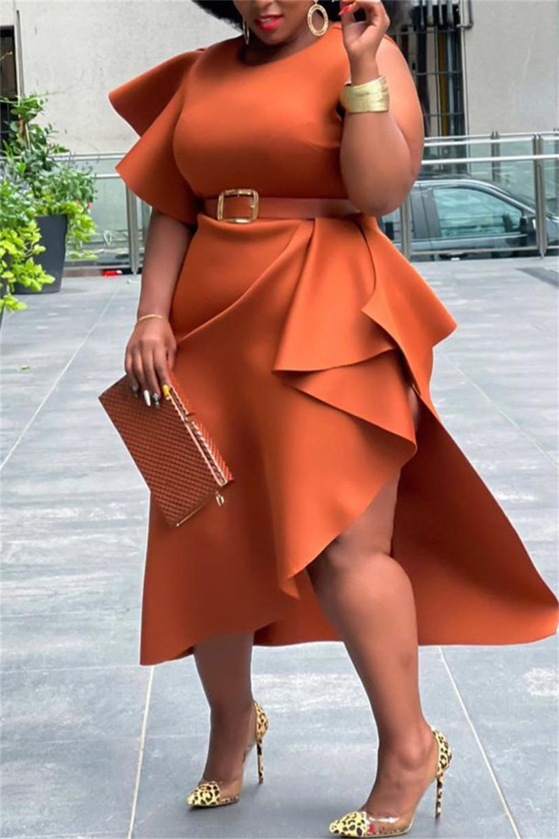 Online-clothing-plus-size-ruffle-flare-sleeve-solid-asymmetrical-midi-dress