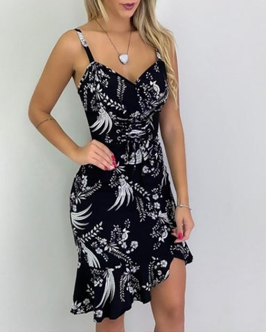 V-neck Print Eyelet Lace-up Ruffles Dress