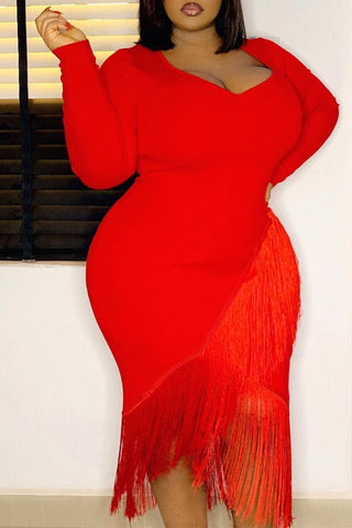 Online-clothing-plus-size-fringe-irregular-long-sleeve-bodycon-midi-dress