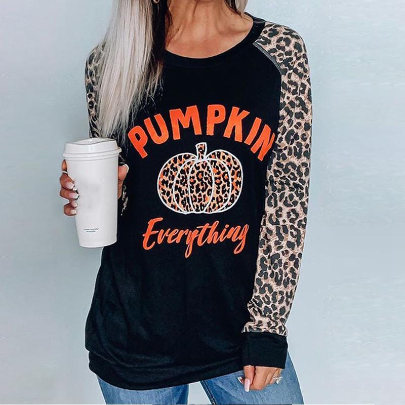 Halloween Leopard Pumpkin Print Stitching T-Shirt