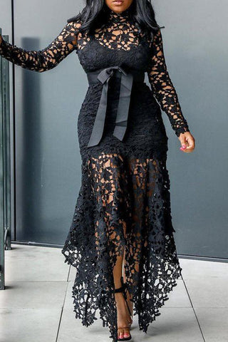 Plus Size Sheer Maxi Dresses Long Sleeve Lace